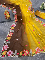 Stunning Sequence Work Multi Brown & Yellow Colour Saree