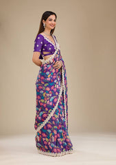 Shining Georgette Digital Prints Blue Multi Color Saree