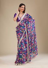 Shining Georgette Digital Prints Blue Multi Color Saree