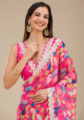 Shining Georgette Digital Prints Pink Multi Color Saree