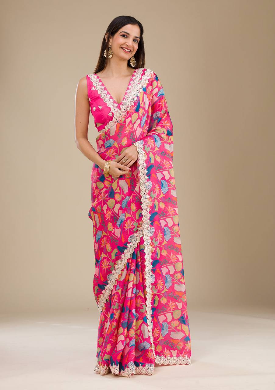 Shining Georgette Digital Prints Pink Multi Color Saree