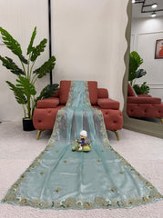Outstanding Sequence Work Sky Blue Color Saree