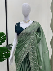 Designer Burberry Silk Green Color Saree