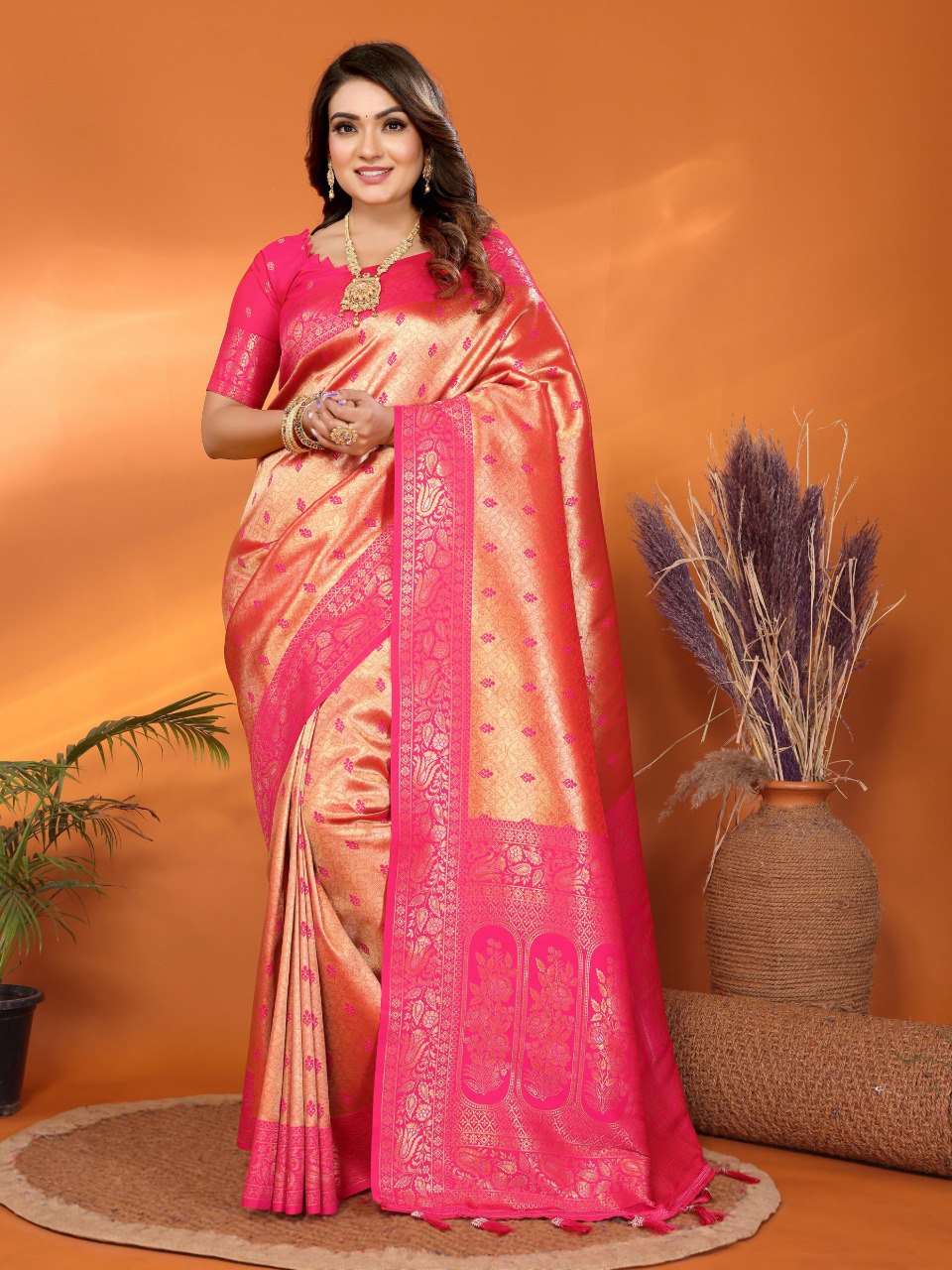 Beautiful Silk Zari Weaving Orange & Pink Color Saree