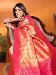 Beautiful Silk Zari Weaving Orange & Pink Color Saree