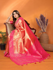 Beautiful Silk Zari Weaving Orange & Pink Color Saree