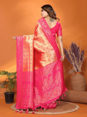 Beautiful Silk Zari Weaving Orange & Pink Color Saree