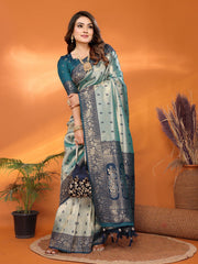 Beautiful Silk Zari Weaving Sky Blue & Teal Blue Color Saree