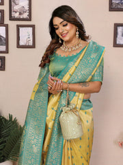 Beautiful Silk Zari Weaving Yellow & Sky Blue Color Saree