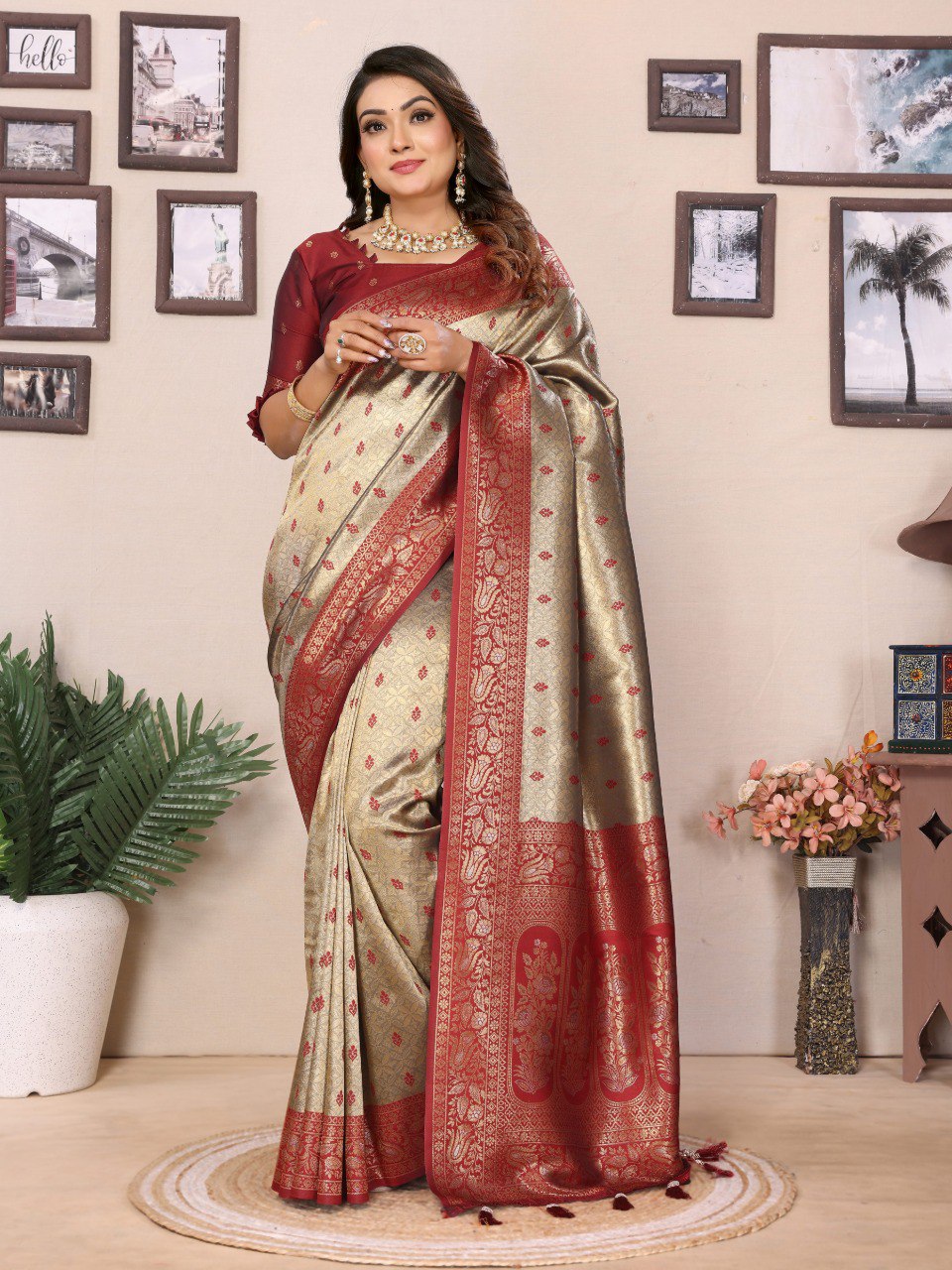 Beautiful Silk Zari Weaving Grey & Maroon Color Saree