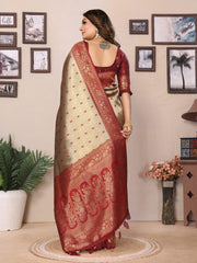 Beautiful Silk Zari Weaving Grey & Maroon Color Saree