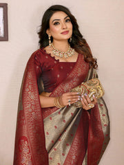 Beautiful Silk Zari Weaving Grey & Maroon Color Saree