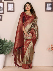 Beautiful Silk Zari Weaving Grey & Maroon Color Saree