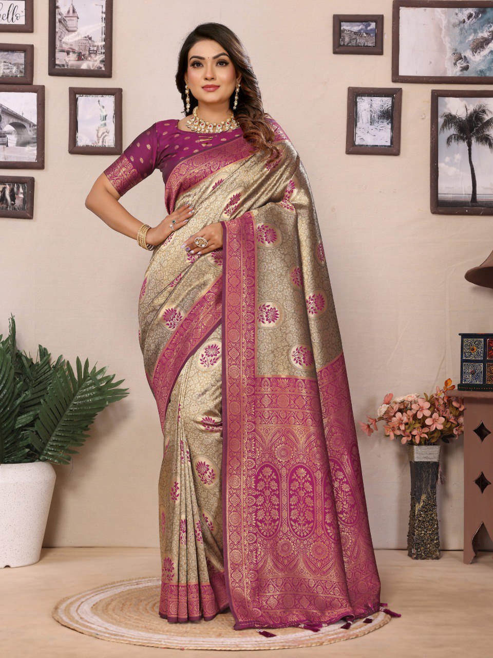 Attractive Tissue Silk Beige & Purple Color Saree