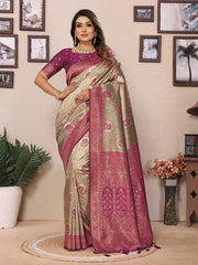 Attractive Tissue Silk Beige & Purple Color Saree