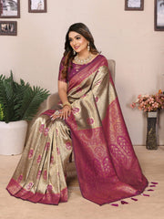 Attractive Tissue Silk Beige & Purple Color Saree
