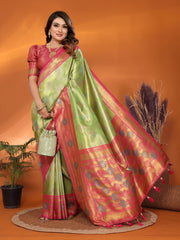 Ravishing Perrot & Pink Color Paithani Banarasi Silk Saree