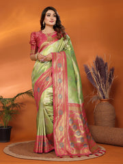 Ravishing Perrot & Pink Color Paithani Banarasi Silk Saree