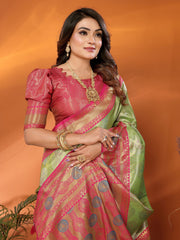 Ravishing Perrot & Pink Color Paithani Banarasi Silk Saree