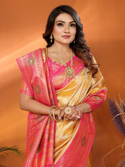 Ravishing Yellow & Pink Color Paithani Banarasi Silk Saree