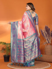 Ravishing Pink & Teal Blue Color Paithani Banarasi Silk Saree