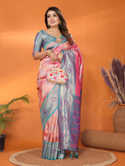 Ravishing Pink & Teal Blue Color Paithani Banarasi Silk Saree