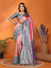 Ravishing Pink & Teal Blue Color Paithani Banarasi Silk Saree