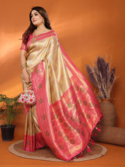 Ravishing Gold & Pink Color Paithani Banarasi Silk Saree