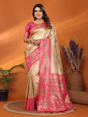 Ravishing Gold & Pink Color Paithani Banarasi Silk Saree