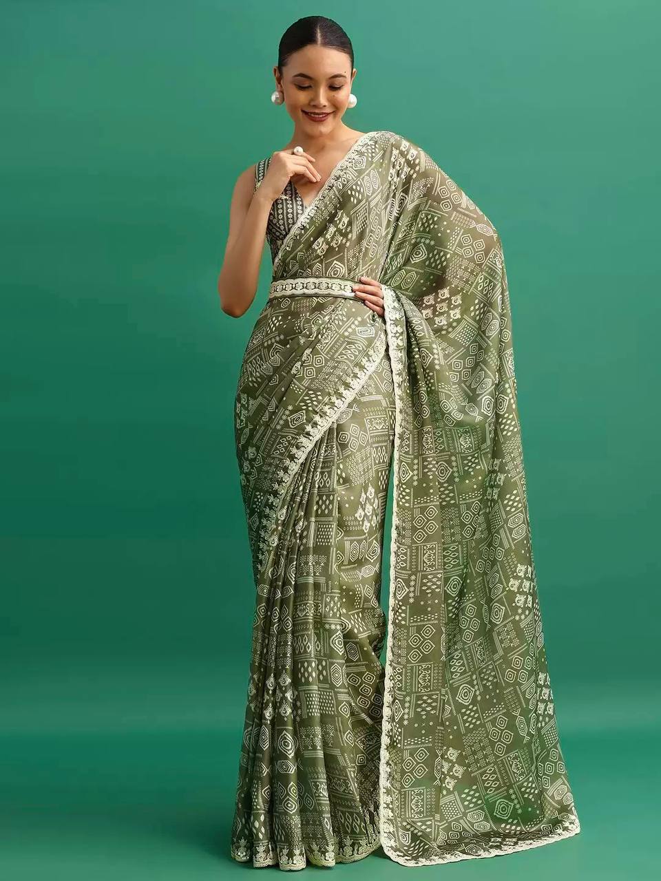 Wonderful Digital Prints Mehndi Color Saree