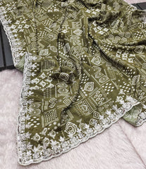 Wonderful Digital Prints Mehndi Color Saree