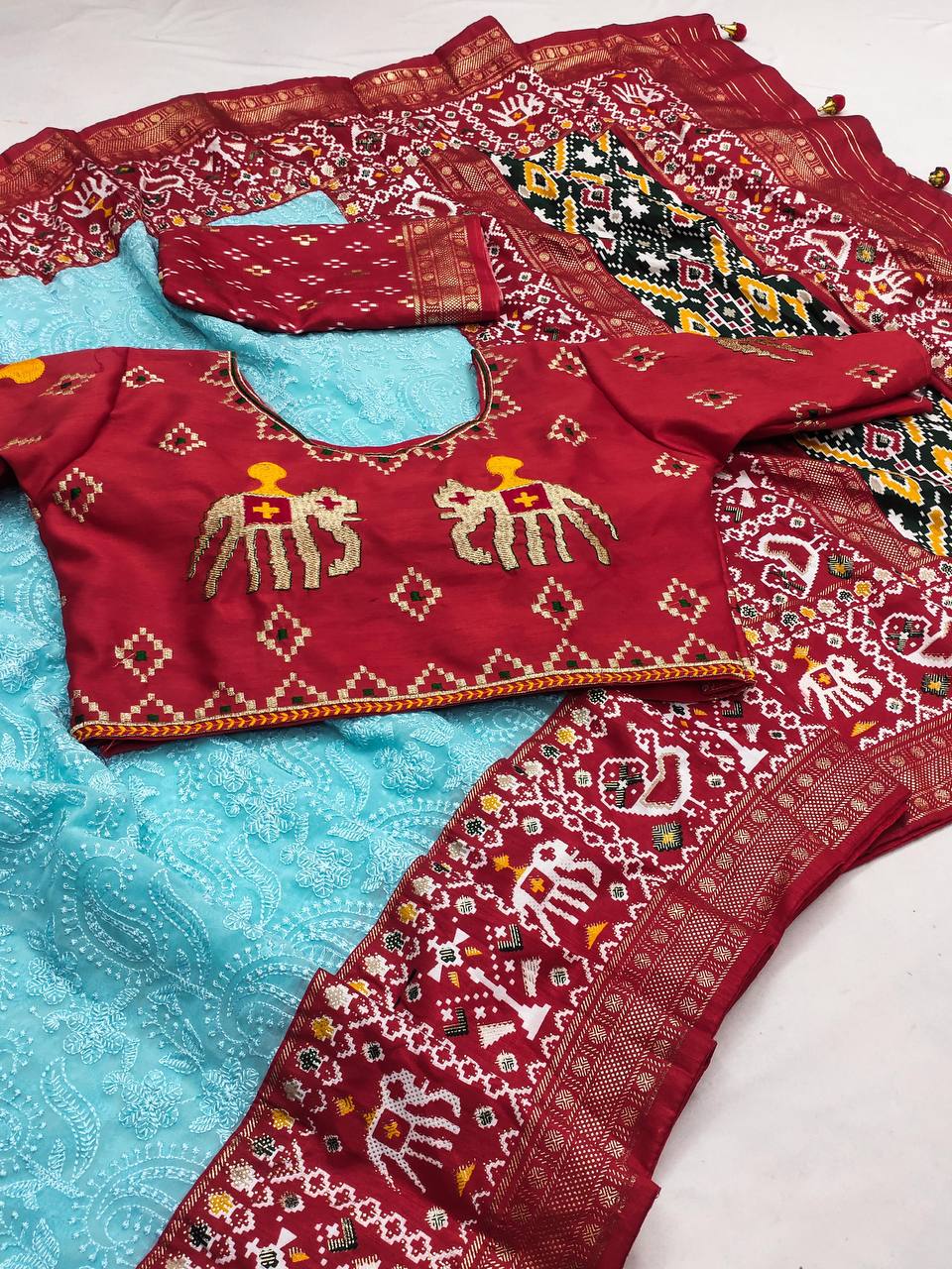 Exclusive Lucknowi Embroidered Work Sky Blue Color Saree