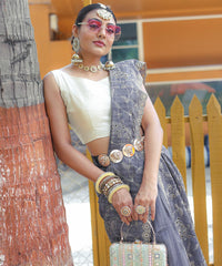 Ravishing Floral Design Grey Color Saree