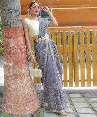 Ravishing Floral Design Grey Color Saree