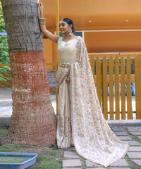 Ravishing Floral Design Off White Color Saree