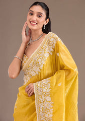 Designer Gold Crush Yellow Color Saree