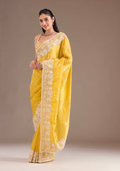 Designer Gold Crush Yellow Color Saree