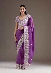 Designer Gold Crush Purple Color Saree