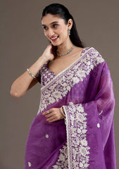 Designer Gold Crush Purple Color Saree