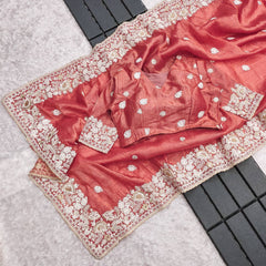 Designer Gold Crush Peach Color Saree