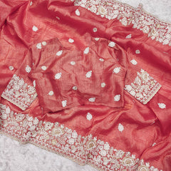 Designer Gold Crush Peach Color Saree