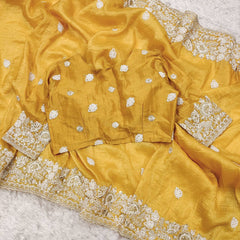 Designer Gold Crush Yellow Color Saree