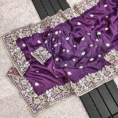 Designer Gold Crush Purple Color Saree