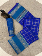 Kanjivaram Soft Silk Blue Saree with Gold Zari Chex Weaving