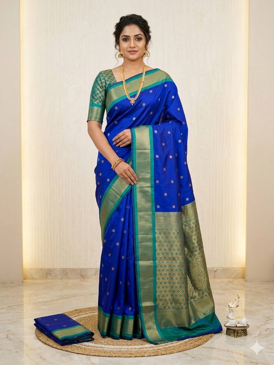 Kanjivaram Soft Silk  Gold Zari Weaving Blue Saree