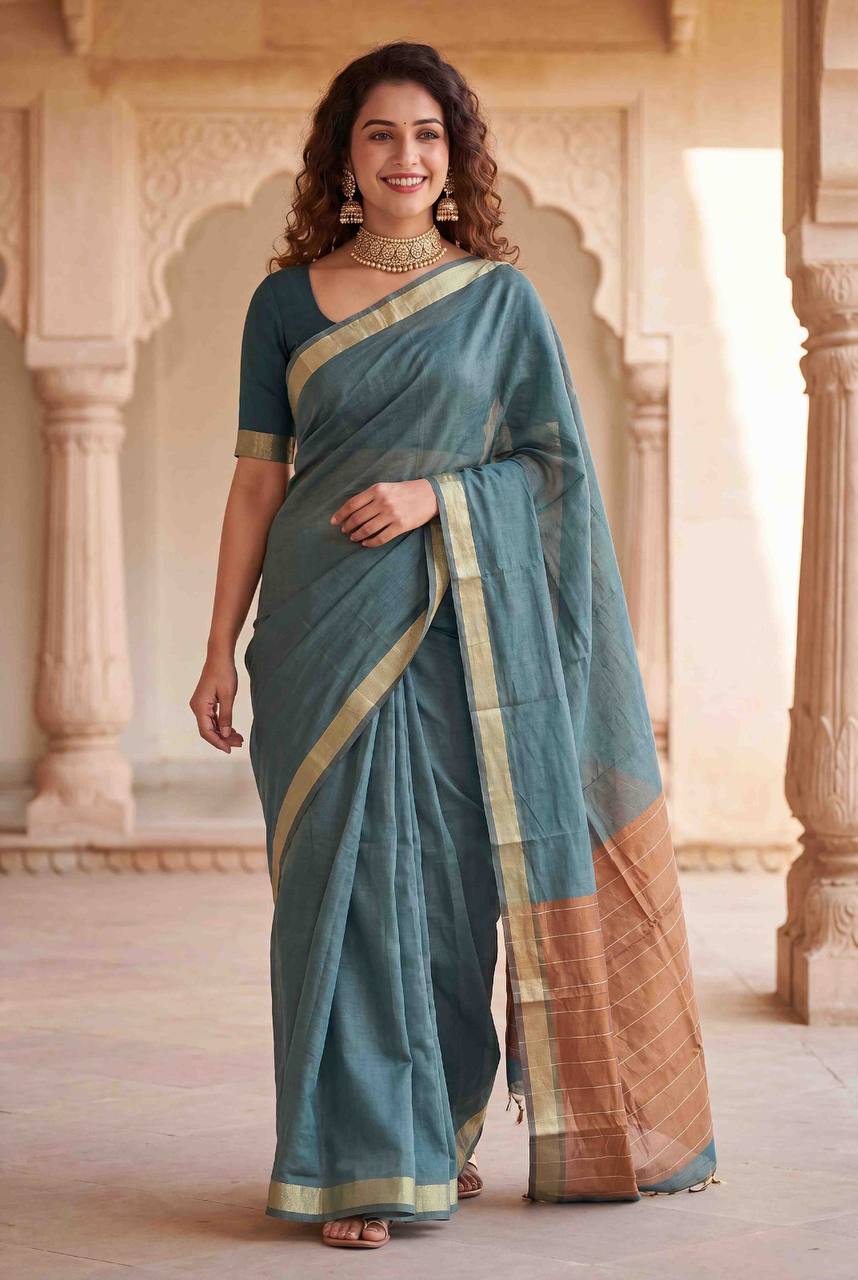 Soft Linen Slub Cotton Saree with Rich Weaving Blouse Secondary image