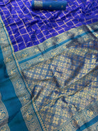 Kanjivaram Soft Silk Blue Saree with Gold Zari Chex Weaving