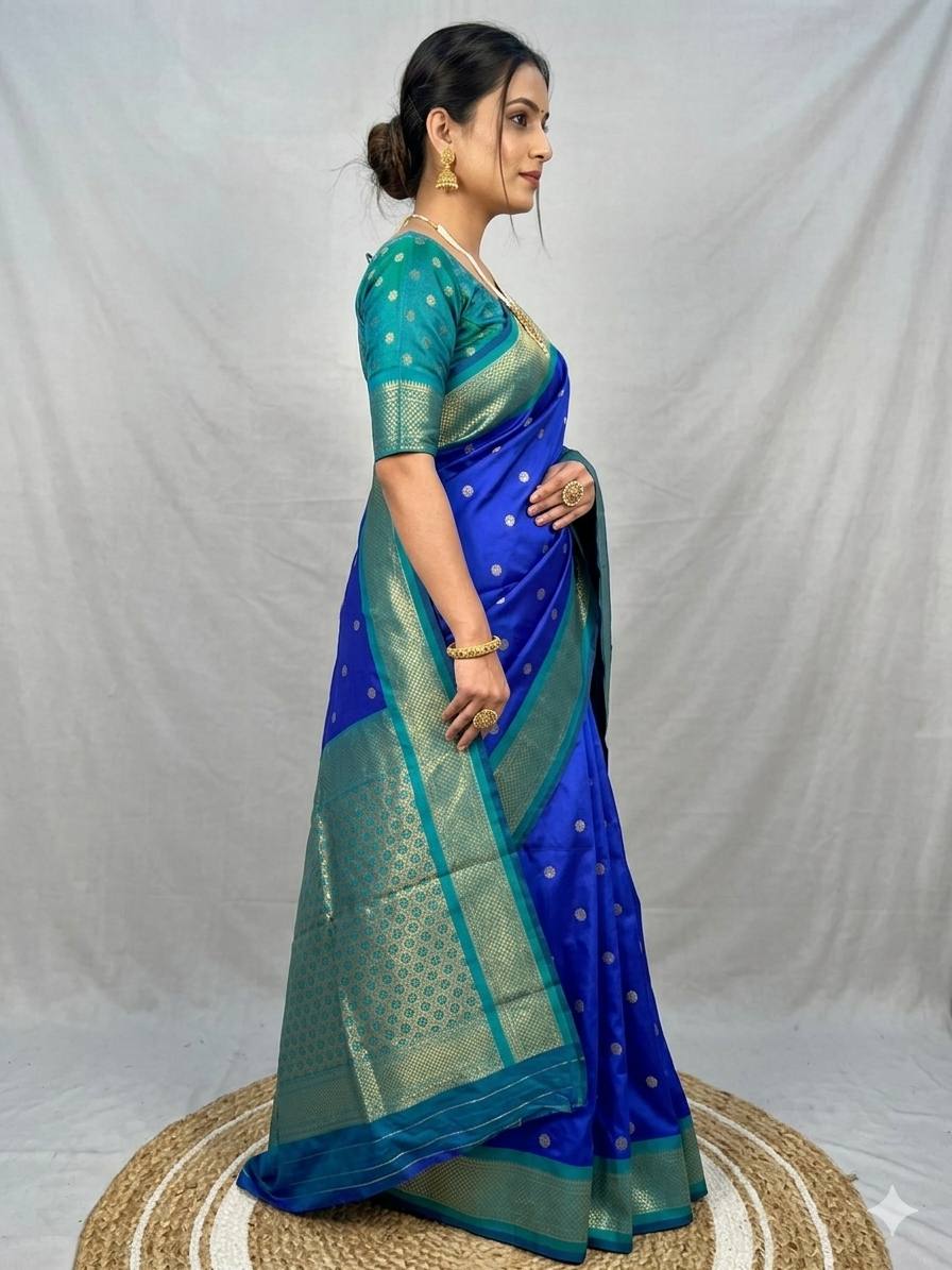 Kanjivaram Soft Silk  Gold Zari Weaving Blue Saree