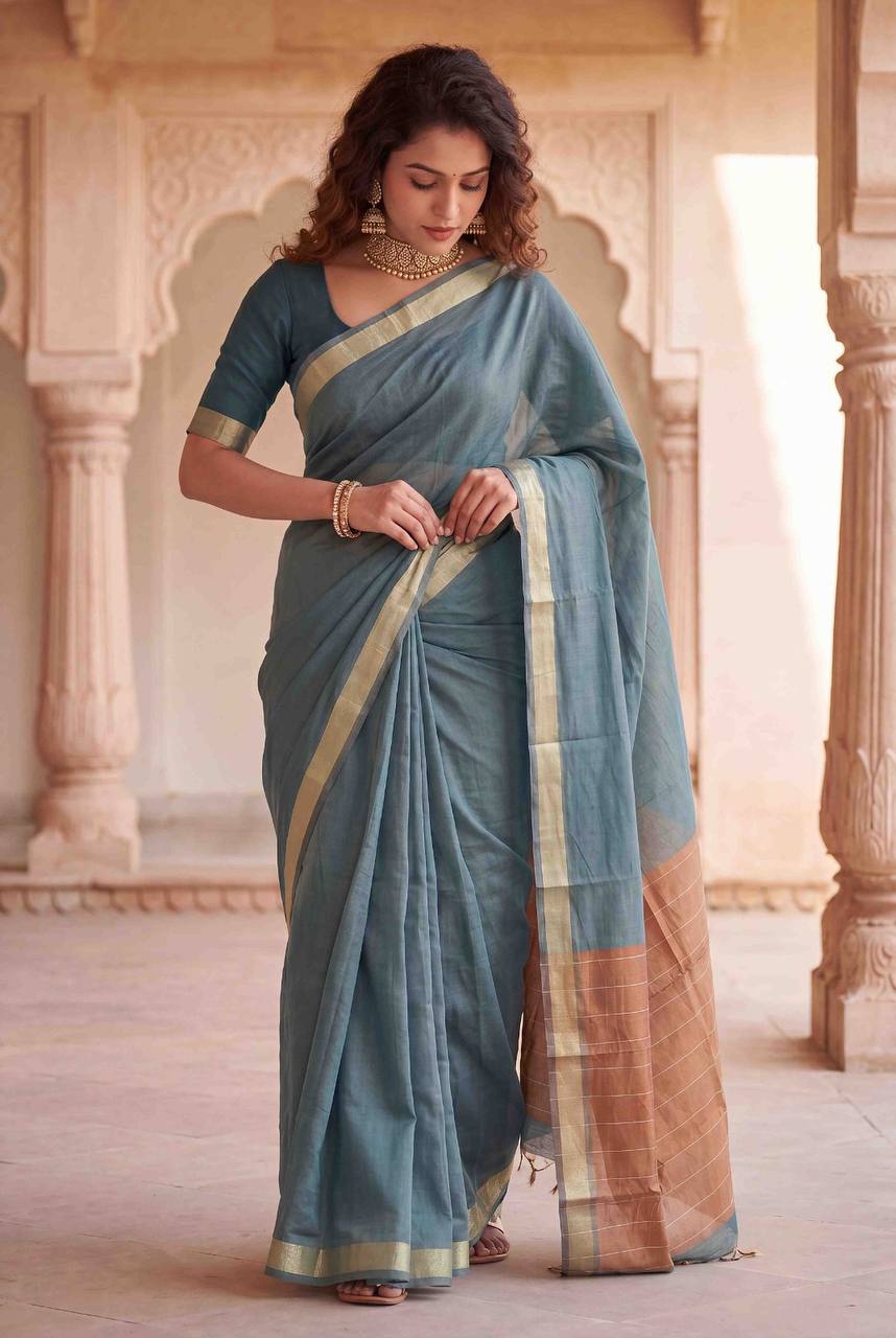 Soft Linen Slub Cotton Saree with Rich Weaving Blouse