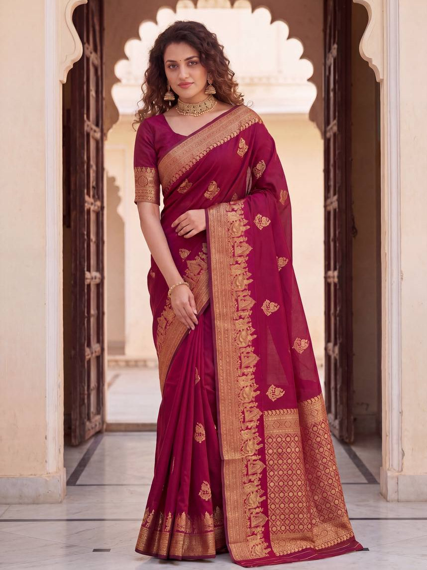 Wedding Celebrations Maroon Color Banarasi Saree Secondary image